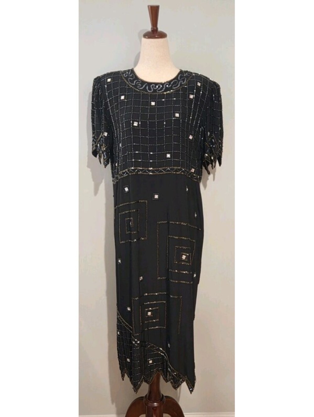 Pat Argenti Notte Size 8 Black Beaded Silk Shift Midi Dress Vintage 80s